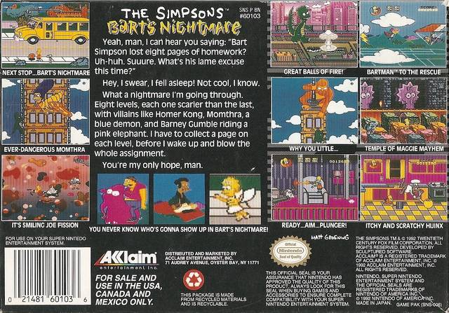 The Simpsons Bart's Nightmare SNES Back
